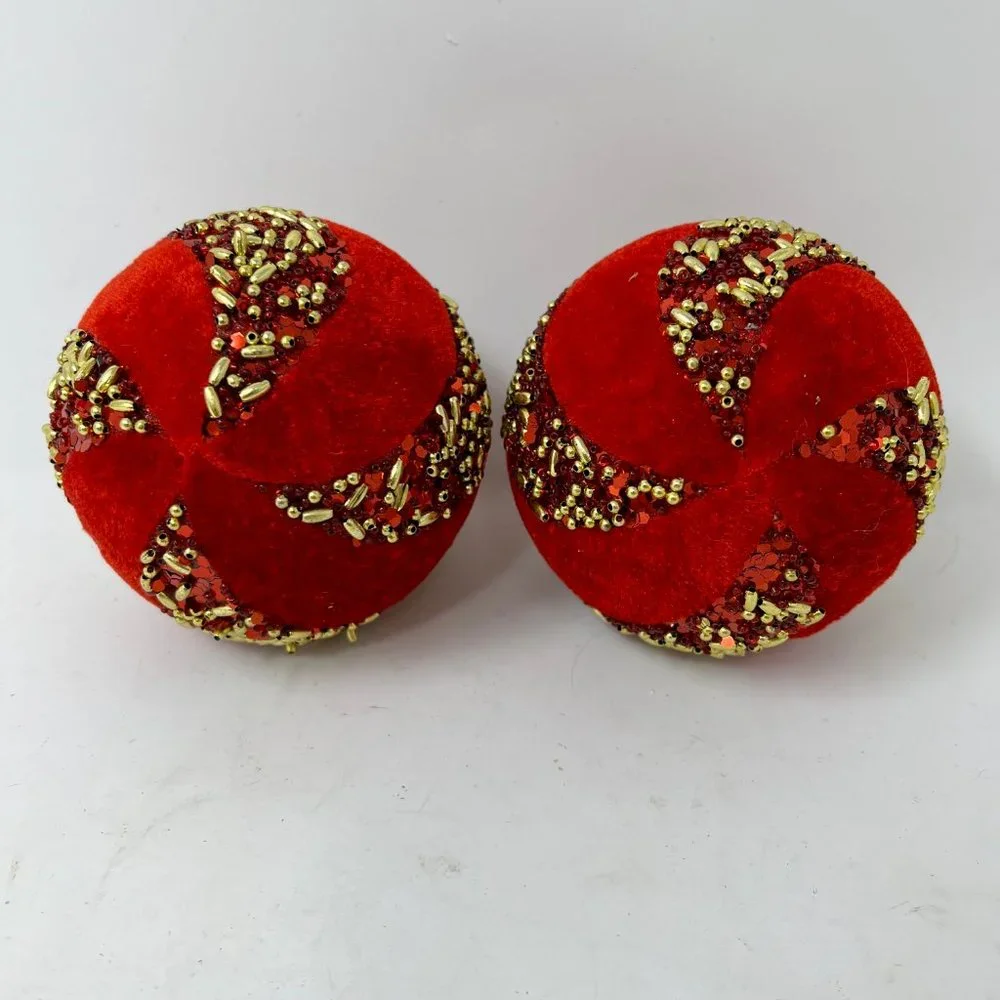 Pair Vntg Christmas Tree Ornaments Holiday Handmade Red Flocked Balls w/ Beads